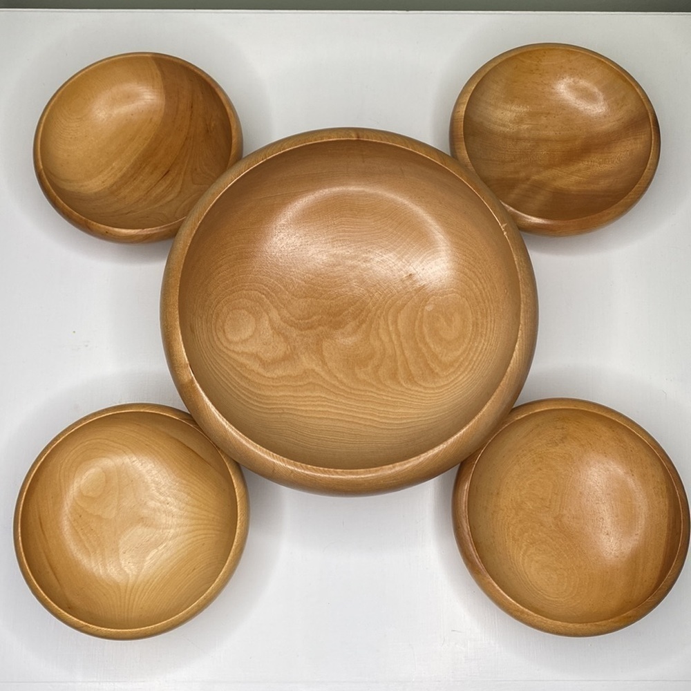Vintage Artwood Blonde Wood Rice Bowl Set: Japan Set of 4 bowls w/ Serving Bowl